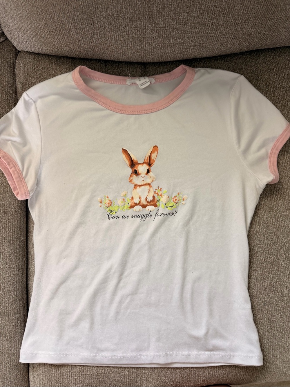 Charlotte Russe White Tee with Pink Trim and Bunny Graphic